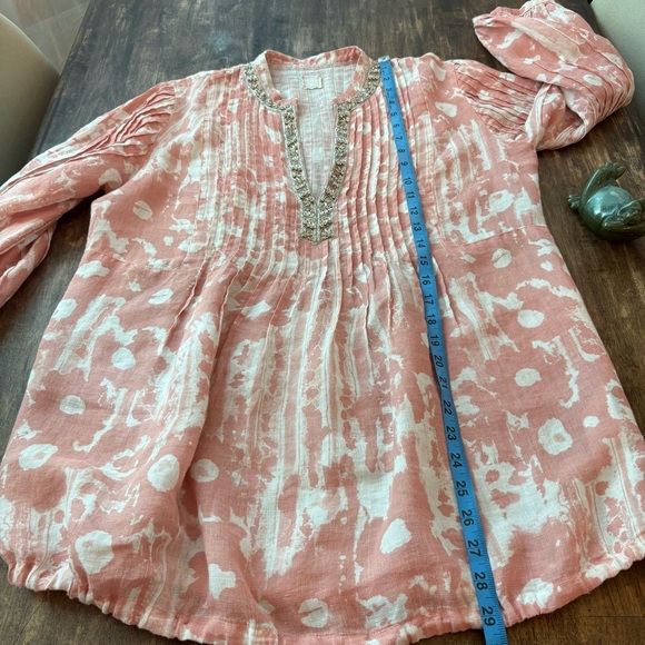 120% LINO Pink & White Designer Linen Long Sleeve Embellished Blouse! Loose fit. - Picture 14 of 16